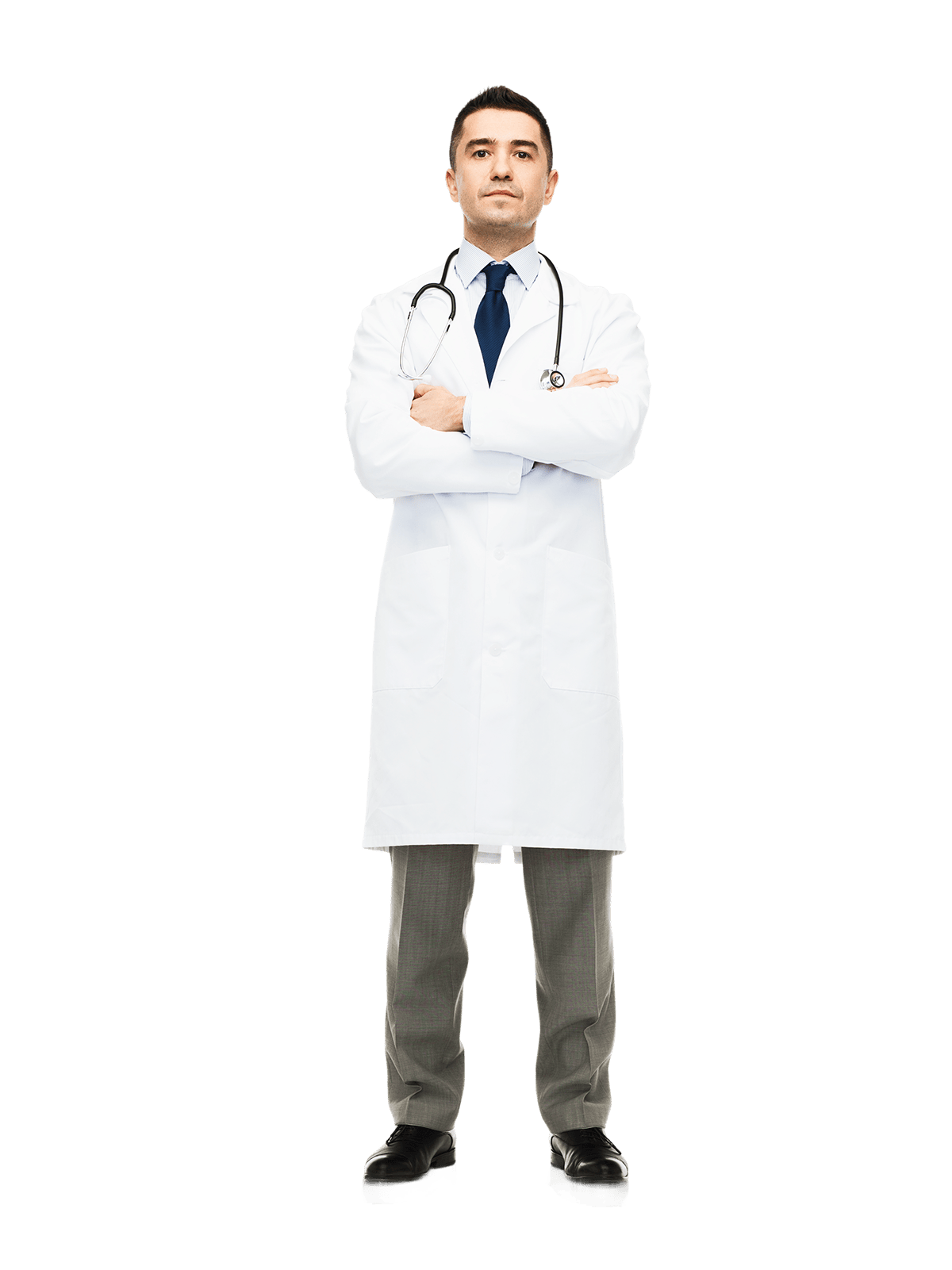 Dottore con camice in piedi con braccia incrociate