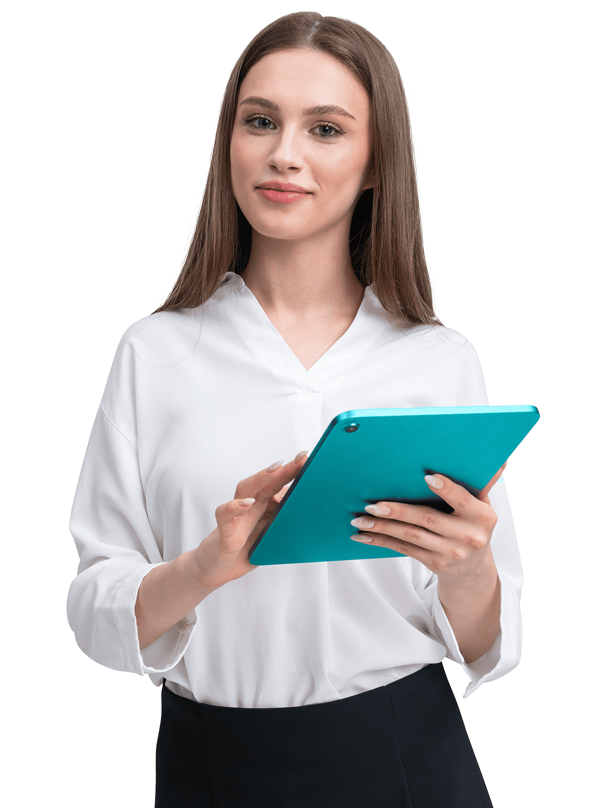 Ragazza sorridente con tablet in mano